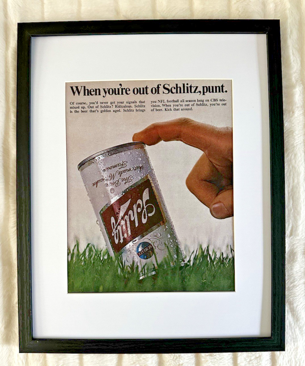 Framed 1969 Schlitz Beer Print Ad Reproduction Vintage When You’re Out Punt